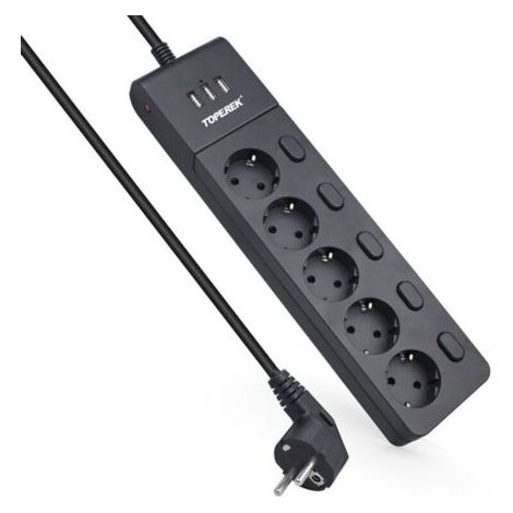 royaluxe -Multiprise Electrique 5 Prises 3 Ports USB avec Interrupteur Parafoudre Surtension 2500W 10A 2M (1/4)