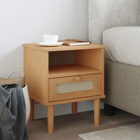 Table de chevet-Table de nuit SENJA aspect de rotin marron bois de pin massif 833349 (1/5)
