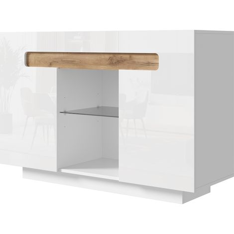 Buffet LED avec quatre étagères et deux compartiments ouverts, finition blanche et bois naturel, 120 x 40 x 80 cm (1/5)