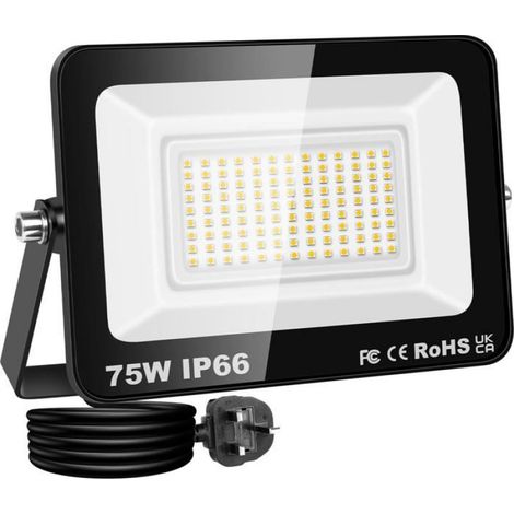 1 Projecteur LED Extérieur 75W, Aluminium, 7500 Lumens, Blanc Chaud 4000K, Angle 120°, Jardin Garage Patio (1/5)