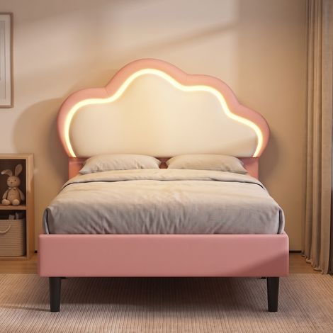 Lit simple 90x200 cm avec sommier, lit enfant avec tiroir et LED, lit capitonné, Blanc (1/5)