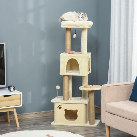 Beige - Arbre à chat adulte, lit amovible, poteaux jute, 2 lits, balles jouet, 60 x 34 x 136 cm