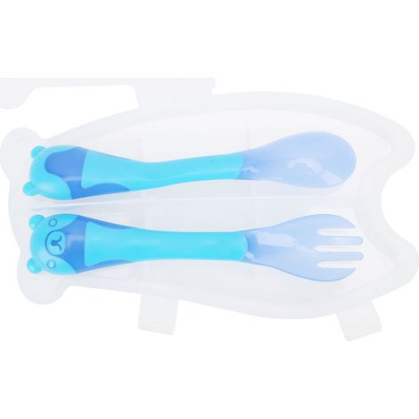 Cuillères bébé manche flexible, set de table de voyage pour enfants apprentissage repas, bleu, couverts souples (1/5)