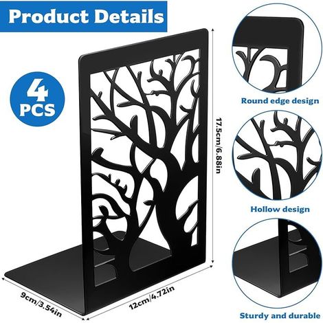 2 Paires/4 Pcs Serre Livres pour Livre Lourds, Cale Livre Etagere Metal Noir, Presse Bloc Livres pour Étagère, Serre-Livres Support pour Rangement Maison Bureau Écoles(12 x 16 x 9,5 cm) (1/4)