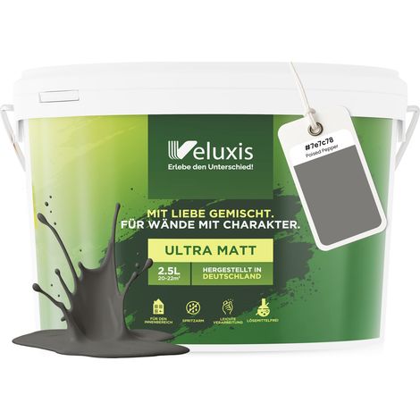 Wandfarbe Grau Beige Anthrazit Matt Innenfarbe – Deckkraft Klasse 1, VOC-frei, Ohne Grundierung, Tropfarm – Wohnzimmer & Schlafzimmer – 2,5L – Veluxis (Poised Peppe)