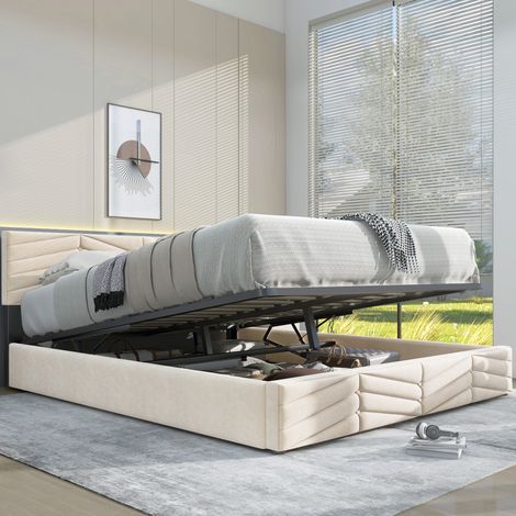 Polsterbett 140/190 cm Beige aus Samt mit höhenverstellbarem Kopfteil und Lattenrost (1/5)