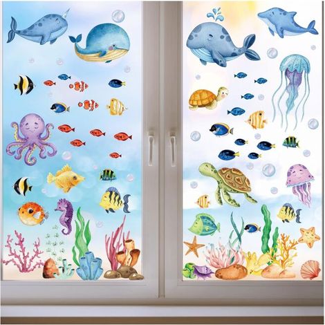 134 PCS Sea Window Stickers, Removable Bathroom Decals, Jellyfish Turtle Marine Stickers, Ocean Decals for Summer Decoration of Glass Pool Beach Theme (1/5)