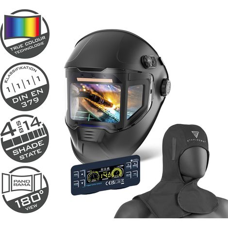 STAHLWERK Casco automatico per saldatura SPLIT 3 in 1 con cuffia per saldatura - Display a colori LCD, campo visivo di 180°, riproduzione fedele dei colori, memoria lavori, oscuramento DIN 4 - DIN 14, (1/5)