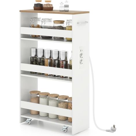 COSTWAY Carrello da Cucina a 4 Ripiani, Carrello in Legno con 4 Ruote Universali, Carrello Scaffale Stretto Salvaspazio con Manico per Bagno Ufficio, 47,5 x 20 x 80,5 cm (Naturale+bianco,con presa) (1/5)