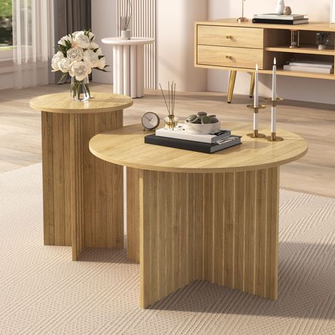 Set di 2 tavolini bassi gigogne in legno, tavolini rotondi 76 cm, stile scandinavo, per soggiorno, sala da pranzo e caffè - Colore legno