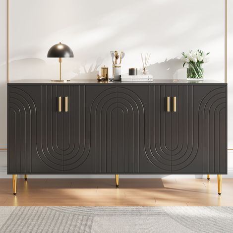 Buffet noir motif ondulé, poignées et pieds dorés, espace repas élégant, 152 x 40 x 75 cm
