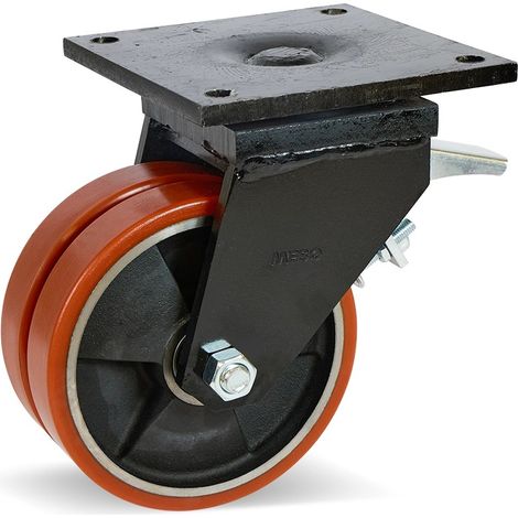 Roue pivotante double extra lourde freinée - MESO - PU - 200mm - 2200kg - Platine (1/2)