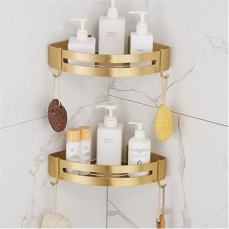 Étagères flottantes d'angle pour salle de bain - Étagère murale en aluminium brossé doré - Support pour shampooing, cosmétiques, gel douche - Antirouille - Solide et compacte - Or brossé 2 (1/5)