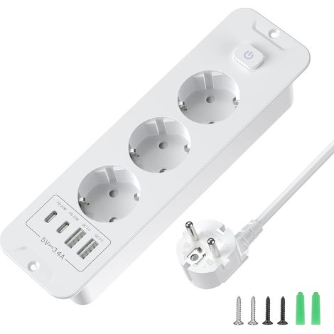 Prise encastrée Triple avec USB-C PD 20W Barrette de 2M avec Interrupteur pour Plateaux de Bureau et Tables de conférence 16A/4000W Max, câble 3x1.5mm² Blanc (1/5)