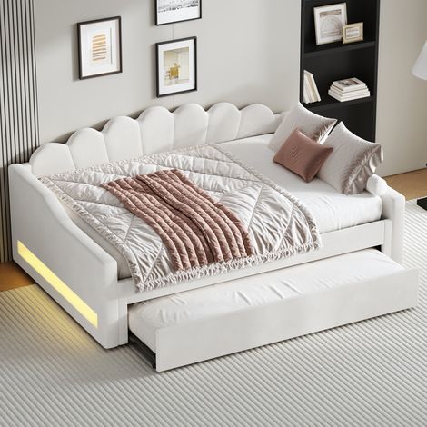 MEUBLIV Bett 140x200 cm Beige – mit ausziehbarem Gästebett, LED, ohne Matratze (1/5)