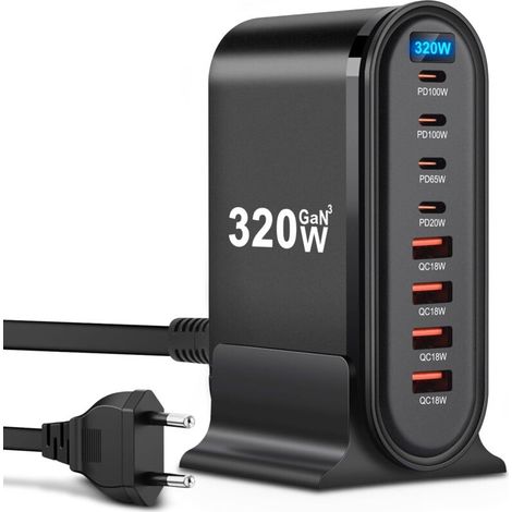Chargeur USB C - 320 W - 8 ports - Chargeur rapide - Chargeur USB pour iPhone, iPad Pro, MacBook, téléphones portables Samsung (1/5)