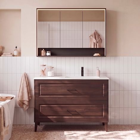 Set aus einem Einbauwaschtisch (rechts, 120 cm) und einem Spiegelschrank in der Ausführung „Moka – dunkles Holz“ (1/5)