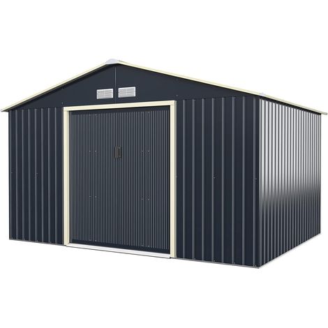 COSTWAY Casetta da Giardino Porta Attrezzi in Lamiera Acciaio Zincato, Capanno da Esterno con Tettoia, Sfilati e Ante Scorrevoli, Ideale per Cortile, Giardino e Fattoria (330 x 245 x 210 cm) (1/5)