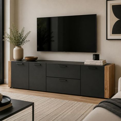 Long meuble TV gris foncé 3 portes 2 tiroirs ALVA (1/5)