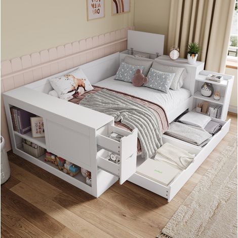 Jugendbett 140 x 200 cm aus weißem MDF mit Stauraum, ohne Matratze – MEUBLIV (1/5)