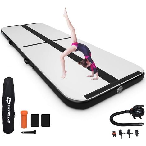 GOPLUS Tappetino Gonfiabile per Ginnastica, Tappetino per Casa e Palestra, Materassino Gonfiabile per Taekwondo con Pompa Elettrica, 100x300x10 cm (Nero)