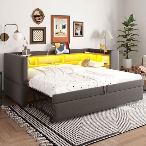 GUTENT Canapé‑lit gigogne 90/180x190 cm Gris foncé – sommier à lattes, LED intégrée, structure métal