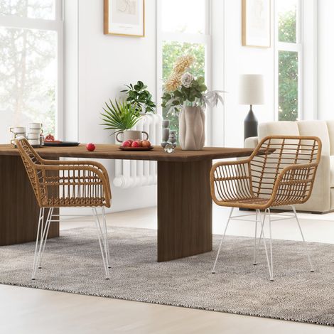 Lot de 2 chaises fauteuils de salle à mager design bohème assise en résine tressée piètement en acier blanc (1/5)