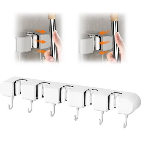 Besenhalter – 5 Halterungen + 6 Haken – kein Bohren erforderlich – Bad/Küche/Garten – weiß