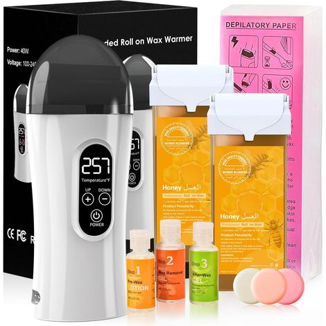 Roll On Cire Epilation, Kit Chauffe Cire Épilation avec 2 Miel Cartouches de Cire, 100 Bandes Epilation, Kit de Traitement Pré- et post-épilation,Kit d'épilation pour Grandes Surfaces (1/5)
