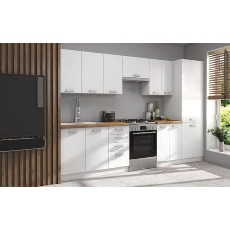 Cuisine complète 8 éléments – Décor blanc – L300 x H52 x H82 cm – Meubles sous évier et tiroirs inclus (1/5)