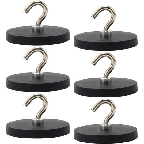 Set mit 6 schwarzen Magnethaken, 43 mm – Gummierte Magnethaken – Extra stark – 10 kg – Für Eisentüren, Kühlschränke (1/5)