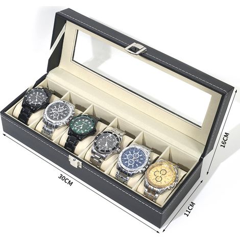 Aufbewahrungsbox für 6 Armbanduhren mit Griff, abnehmbare integrierte Präsentationsvitrine für Uhren und Armbänder-lsw
