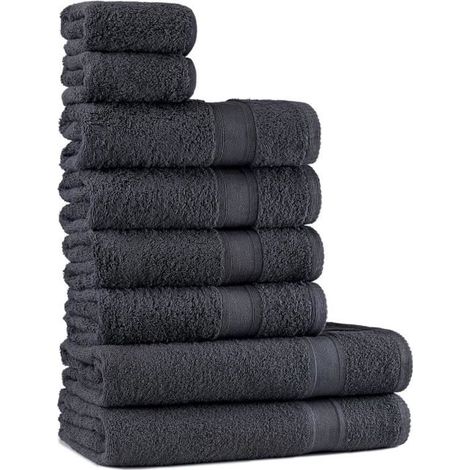 8 pièces, serviettes de bain en coton éponge, gris anthracite foncé, linge de salle de bain complet pour usage quotidien et accueil d'invités