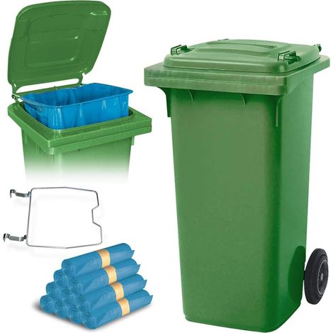 BRB 120 Liter Mülltonne mit Halter für Müllsäcke, inkl. 250 Müllsäcke (grün)