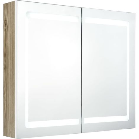 Armoire de salle de bain à miroir LED Blanc et chêne 80x12x68 (1/5)