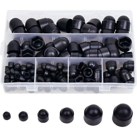 Lot de 145 cache-écrous hexagonaux en caoutchouc, capuchons de boulons, capuchons de vis, kits d'écrous en plastique avec boîte de rangement, 145 pièces noires M4 M5 M6 M8 M10 M12 (1/5)