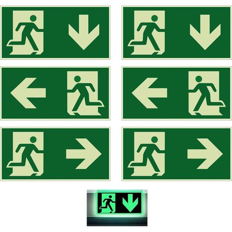 6 Pièces Panneau Issue de Secours,Sortie D'urgence 300x150mm,"Gauche", "Droite" et "Dessous"Panneaux de Sortie de Secours, Utilisé pour les Tunnel, Hôtel, École, Immeuble de Bureaux, Cinéma