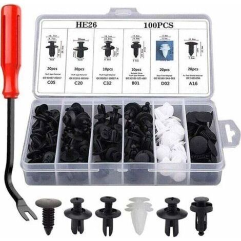 100 Pièces Rivet Clips Plastique Clips d'Aile en Plastique Universels Clips Voiture, XU,Attaches de Pare Chocs Clips à Rivets Kit de Remplacement Vis d'Expansion avec Attache Remover Outil (1/4)