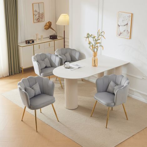 Juego de 4 sillas de comedor y maquillaje con patas doradas y respaldo suave, terciopelo gris. (1/5)