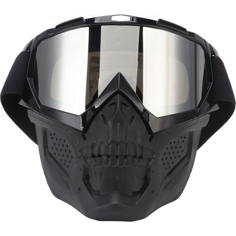Motorrad-Schädelmaske, Polycarbonat-Schaumstoff, abnehmbar, verstellbar Schutzbrille für Offroad-Wanderungen, schwarzer Rahmen, silberne Gläser (1/5)