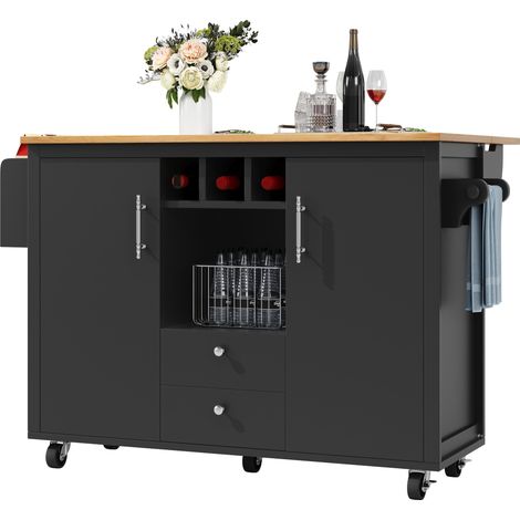 Îlot de cuisine buffet avec plan de travail rabattable, 2 tiroirs, double porte, casier à vin, range-épices, porte-serviettes et roulettes, noir - CHICFURN (1/5)