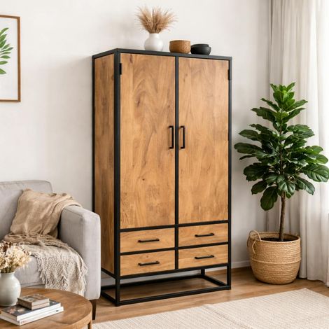 Buffet haut en bois clair 2 portes 4 tiroirs RIVANO (1/5)