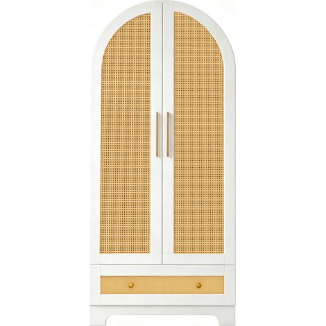 Armoire blanche 70 x 55 x 170 cm avec portes doublées en résine tressée, tiroirs et étagères (1/5)