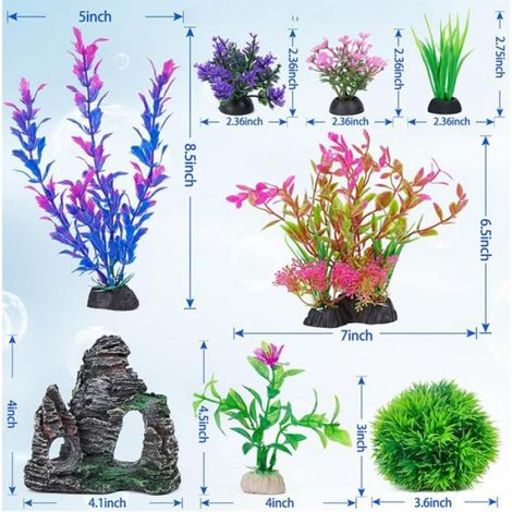 Lot de 8 plantes décoratives pour aquarium avec vue sur rocaille, accessoires pour aquarium, plantes artificielles en plastique (1/5)