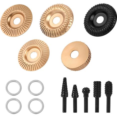 14pcs Ensemble Disques à Sculpter Bois pour Meuleuses d'Angle 4/4,5 Pouces, Comprenant Meules à Bois Divers et Fraises Rotatives Divers et 5/8" Bagues d'Adaptation (1/5)