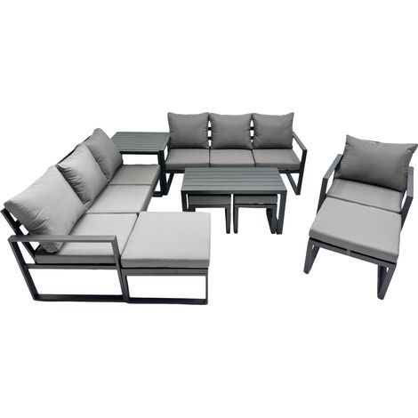 Fimous Outdoor Garden Furniture Set Aluminium Lounge 3 Seat Sofa Oblong Coffee Table Sets with Chair 4 Stools Side Table Dark Grey (1/5)