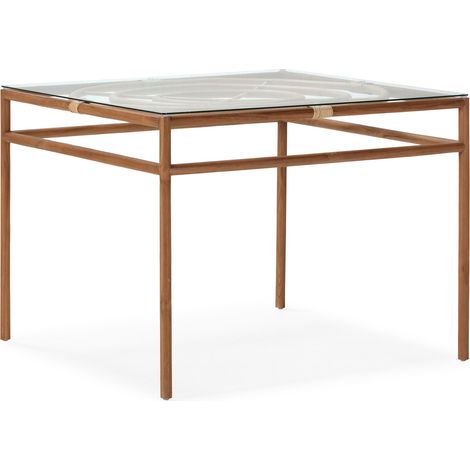 Table à manger 100x100x76 bois teck/ratan/verre trempé (1/4)