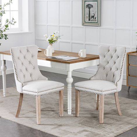 Chingnimon Set aus 2 Esszimmerstühlen in beige Leinen, hohe gepolsterte Rückenlehne, Massivholzfüße, zeitgenössischer Stil (1/5)
