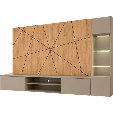 Ensemble meuble TV mural Xari G avec vitrine et éclairage LED - Bois MDF gris argile et chêne artisan - 200 x 148 x 35 cm - Livraison gratuite (1/3)