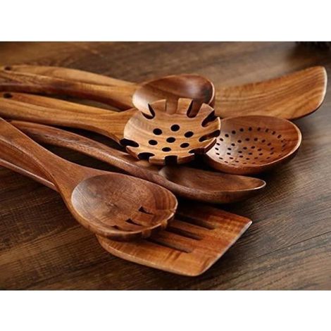 Ustensiles De Cuisine - Bois De Teck - Lot De 8 Pièces - Anti-adhésif - Pour Cuisson Et Service (1/4)